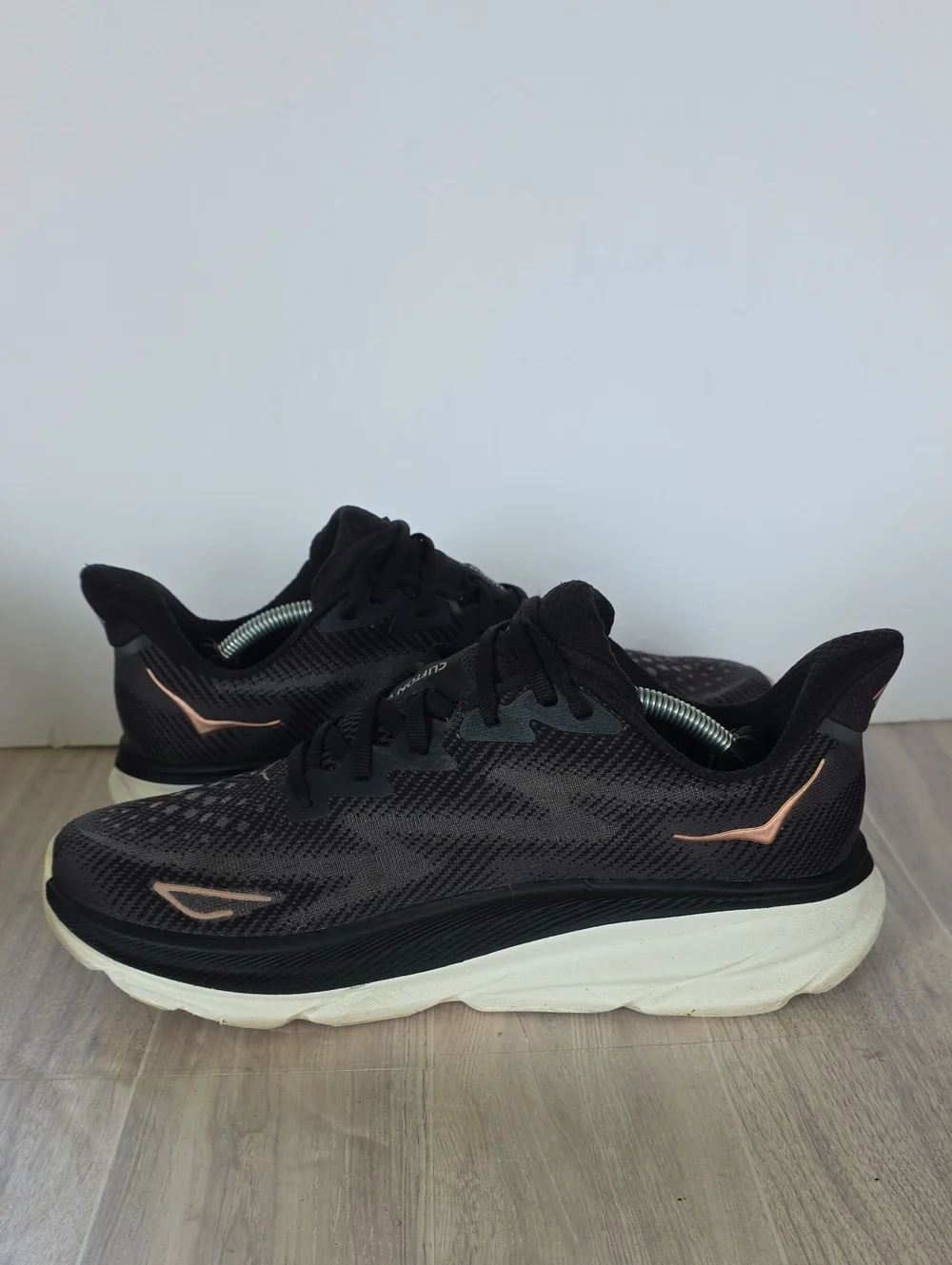 HOKA Women's Black Running Shoes with Rose Gold Logo